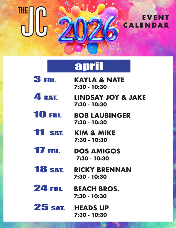 Colorful 2026 April event calendar for music at The JC, the jockey club home, 7:30-10:30.